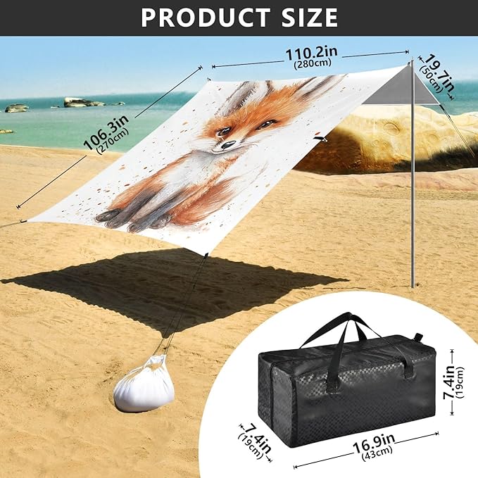 ALAZA Cute Fox Baby Beach Tent Sun Shelter UPF50+ Protection Beach Shade Canopy w/ 4 Sandbags for Outdoor Camping Fishing Backyard Fun Picnic 10x9 ft