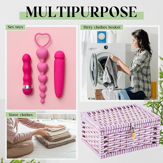 Discreet Lockable Adult Toy bag Storage Organizer Case for Women and Men Adult Wicker Baskets with Lid and Lock 13.8 x 9.8 x 6.3 Inch Box for Toys Valentine's Day Container(Purple)