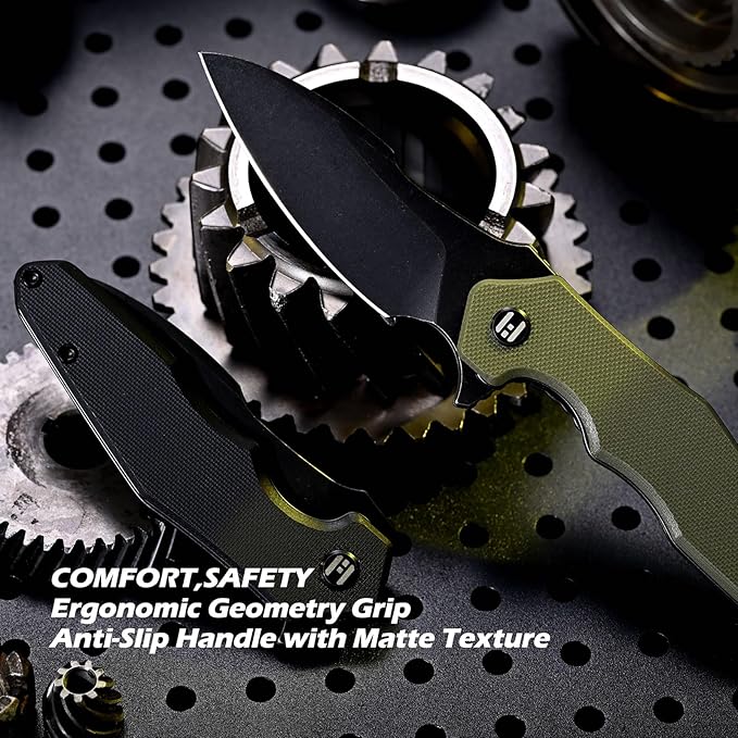Hightron Mini Ventura Flipper Pocket Knife 2.85 D2 Blade and Ergonomic G10 Handle EDC Folding Knives for Camping Survival Hiking tool for Men Women (Green-B)