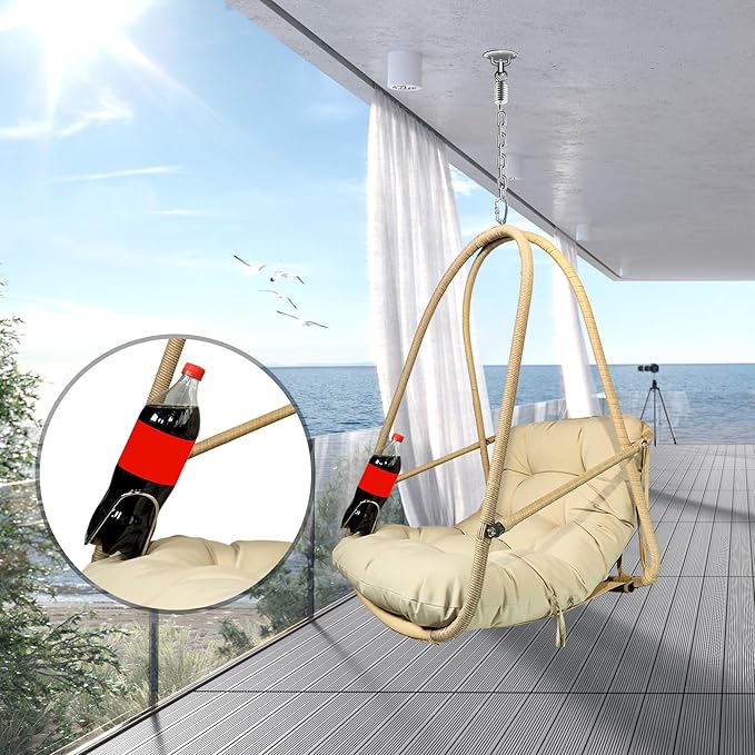 Foldable Rattan Hanging Egg Chair with Guardrail and Cup Holder for Indoor and Outdoor Relaxation in Patio Garden or Living Space - Ergonomic Design with Cushion and Pillow