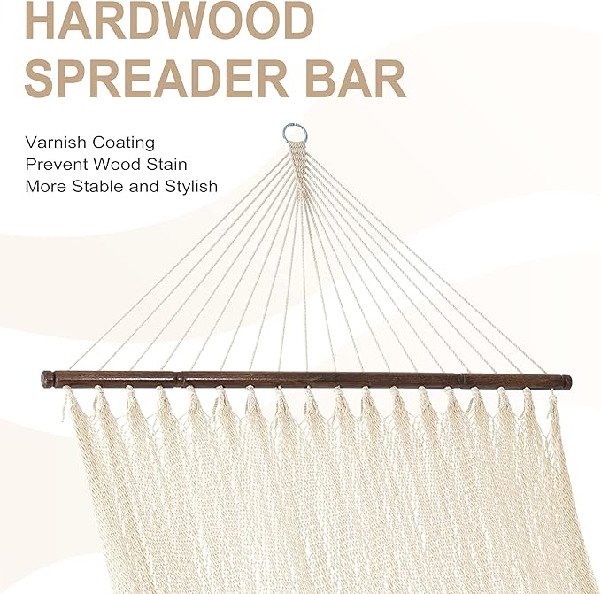 Lazy Daze Hammocks 10.5 FT Double 2 Person Caribbean Rope Hammock Hand Woven Polyester Hammock with Spreader Bars for Outside Outdoor Backyard Patio Poolside 450 LBS Capacity Cream
