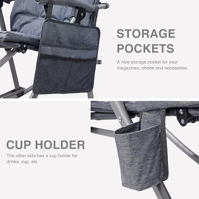 EVER ADVANCED Oversized Folding Rocking Camping Chair Padded Portable Rocker Chair for Patio Lawn and Outdoors Heavy Duty Hard Armchair for Adults Supports 400lbs Grey