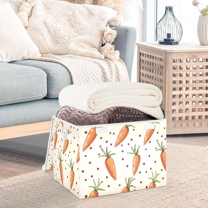 Carrot Cartoon Storage Cube Bins Basket with Lid Collapsible Flip-top Fabric with Handle for Home Bedroom Closet Office 16.5×12.6×11.8 in