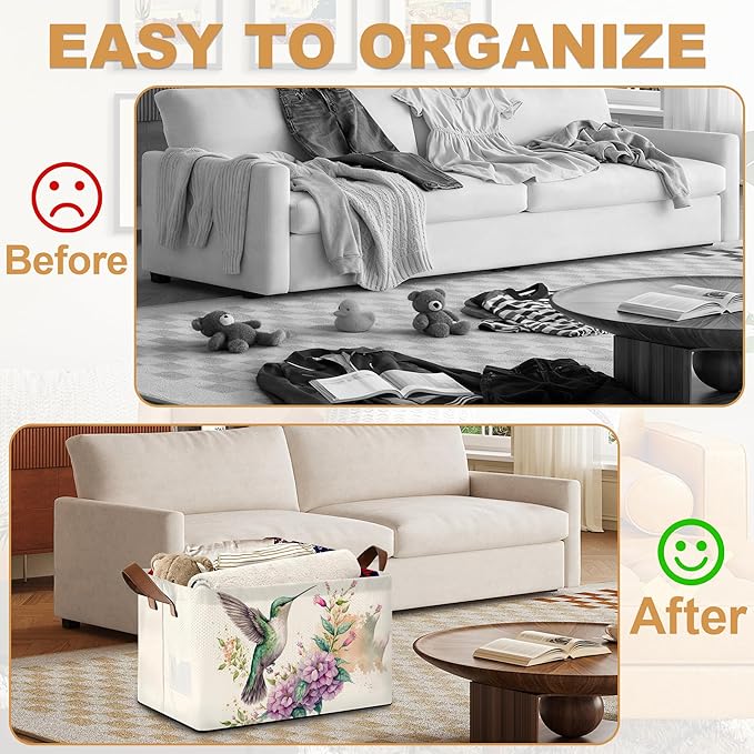 32L Large Storage Bins with Handles Basket Organizer for Shelves Closet Books Laundry &amp Home Decor (Hummingbird Flower)