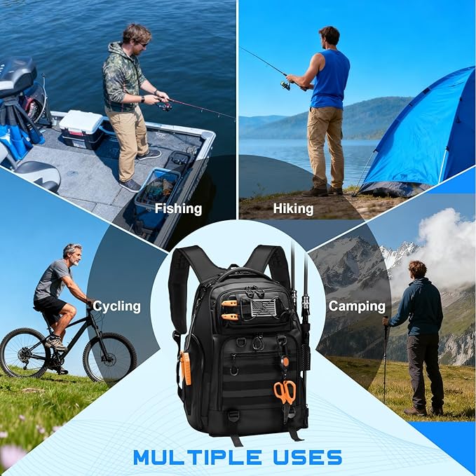 50L Fishing Tackle Backpack with Removable Lure WrapsInclude (4) 3600 Tackle Boxes 2 Rod Holders Storage Fishing Gear and Equipment