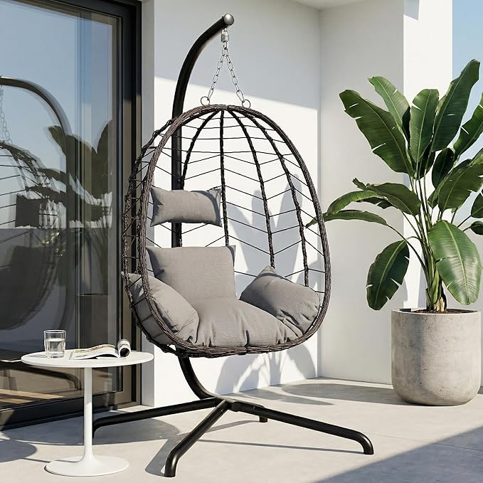 LEX CRAFT Hanging Egg Chair with Stand Swinging Egg Chair Outdoor Indoor Hanging Basket Chair with Cushion Patio Wicker Hammock Chair 350lbs Capacity for Porch Balcony Backyard Garden (Grey1)