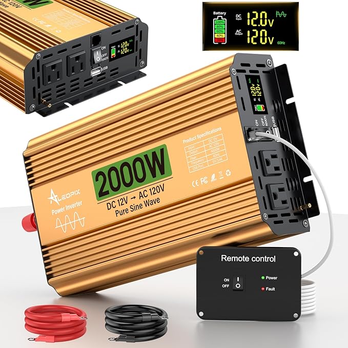 2000 Watt Inverter 12V DC to 110V/120V AC Pure Sine Wave Inverter for Truck/RV/Home/Solar/Off-Grid Surge 4000W Pure Sine Power with 2 AC Sockets 5V 3.4A USB Digital Display Remote Controller