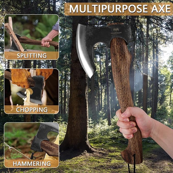 Hatchet 15.7 Camping Axe with Leather Sheath Bushcraft Axe with 1065 Carbon Steel &amp Beech Handle Survival Hatchet for Wood Splitting and Chopping - Perfect for Gardening and Outdoor