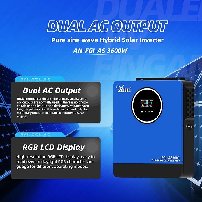 3600W Solar Inverter All in One 24VDC to 110VAC Pure Sine Wave PV Power Converter Built-in 120A MPPT Controller Dual AC Outputs 4200W Max PV Input Support Battery-Less