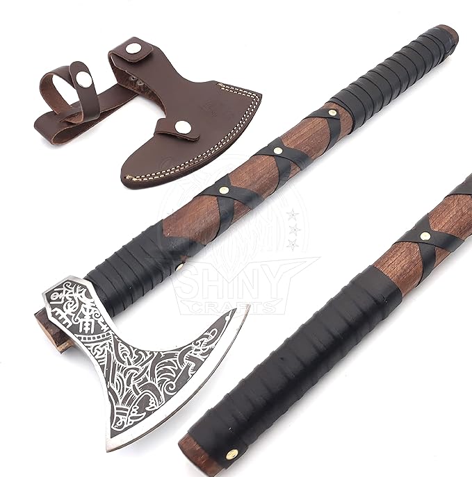 SHINY CRAFTS® Norse Viking Axe with Leather Sheath – Hand-Forged Bearded Hatchet Tomahawk Axe for Camping Survival Woodcutting Unique Gift for Him Husband Dad Groomsmen (Black-SCA-15-A)