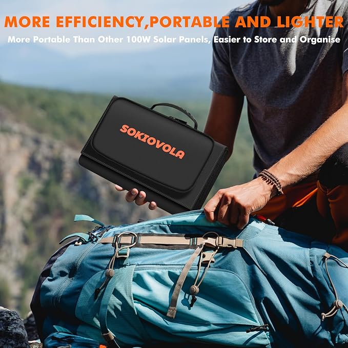 SOKIOVOLA 100W Portable Foldable Solar Panel 20V Portable Solar Charger with QC3.0 USB-A &amp Type-C Output IP68 Waterproof for Cell Phones Camera Outdoor Camping RV Hiking Travel Small Power Station