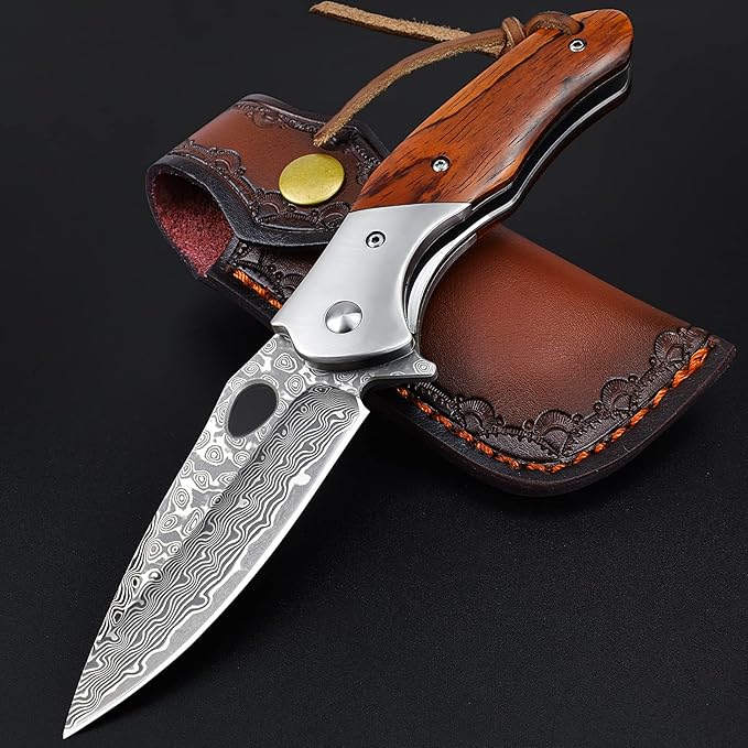 KOMWERO Damascus Pocket Knife for Men VG10 Core Damascus Steel Folding Knife with Wood Handle Ball Bearing Thumb Hole Liner Lock Sheath for EDC Outdoor Survival Hunting