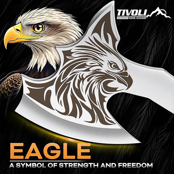 TIVOLI Camping Axe Eagle - Patterned Survival Hatchet with Nylon Sheath High Carbon Steel Blade Compact Outdoor Bushcraft Axe with Ergonomic Wood Grip Camping Gear for Hiking Chopping Hunting