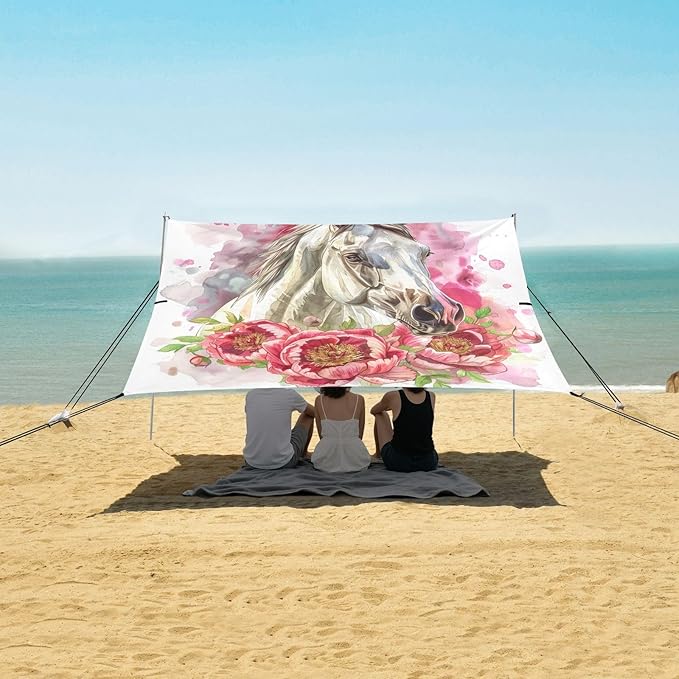 ALAZA Horse Portrait Peony Flower Beach Tent Sun Shelter UPF50+ Protection Beach Shade Canopy w/ 4 Sandbags for Outdoor Camping Fishing Backyard Fun Picnic 10x9 ft