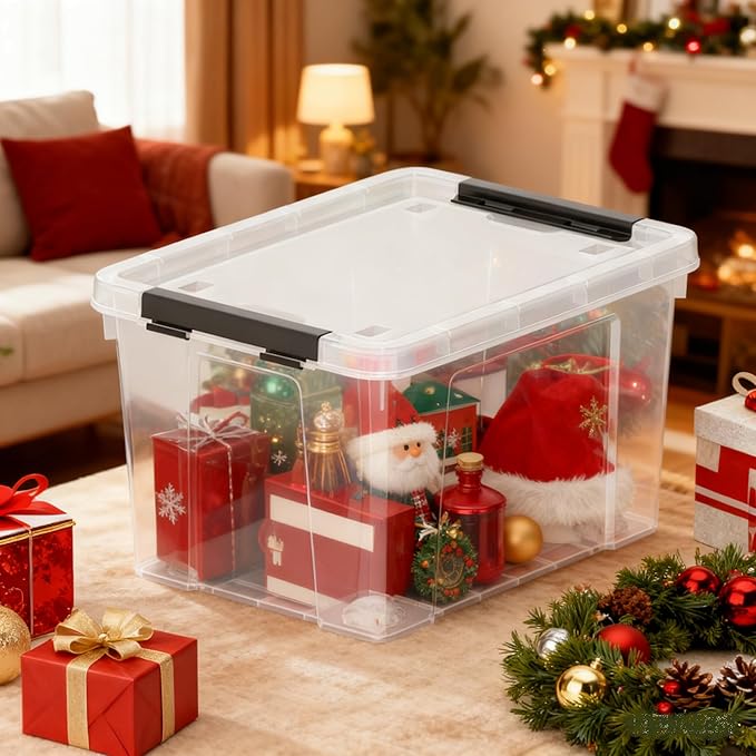 Zopnny 4-Pack Christmas Storage Totes with Lids 24-Quart Holiday Organizer Plastic Stackable Storage Boxes for HomeOfficeGarageBasement Clear