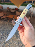 Russian Finka-NKVD KGB Folding Pocket Knife3.74 Mirror Polished X12M Steel BladeAviation Aluminum Inlaid Resin HandleCowhide Sheath (Beige handle)