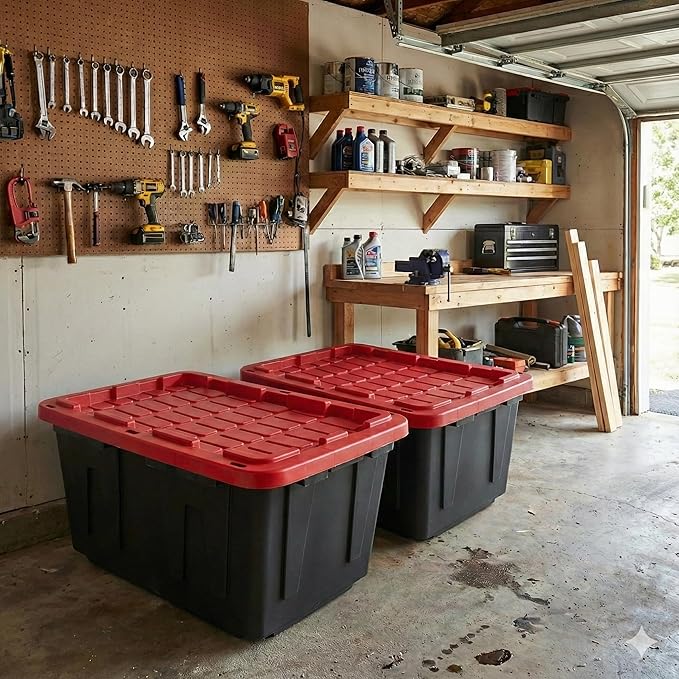 27 Gal Industrial Tote4 Pack Plastic Storage Bins with Lids Tough Large Storage BinBlack with Red Lid Plastic StorageStackable &amp Nestable for Garage Basement or Outdoor (4 Pack)
