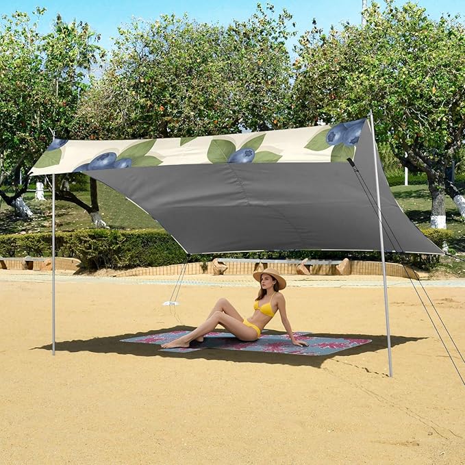 xigua Bluecherry Beach Tent Sun Shelter with Carrying Bag - Silver Coated Oxford Fabric Beach Canopy for Beach Camping Fishing - Includes Windproof Ropes Sandbags &amp Stakes