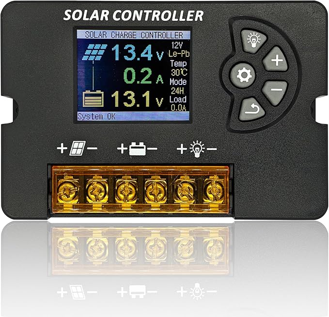 12V/24V Auto Solar Charge Controller 10A/20A/30A PWM Adjustable Regulator LCD Display Multi-Battery Support Efficient Panel Cell Charging - Solar Power System Accessory (20A)