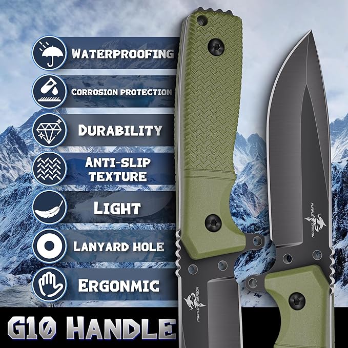 Purple Dragon Fixed Blade Knife with Kydex Sheath Green Knives for Camping Gifts for Men
