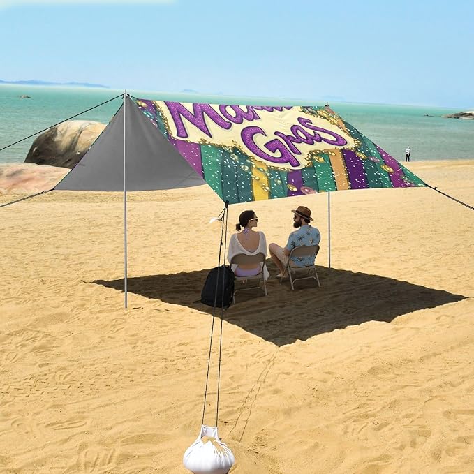 Mardi Gras Carnival Tie Beads Tie Beach Tent UPF50+ Protection Easy Setup Portable Sun Shelter with Sand Shovel for Camping Picnics Backyard &amp Fishing