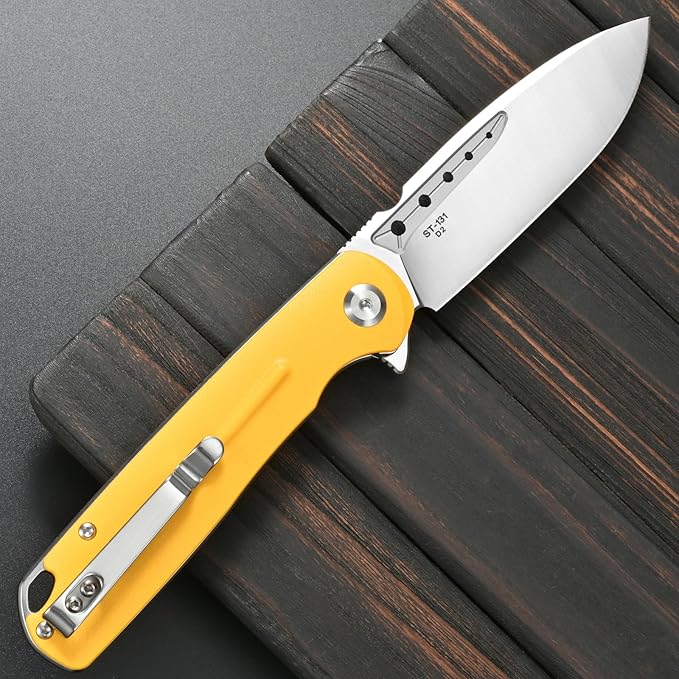 Sitivien ST131 Folding KnifeD2 Blade G10 Handle EDC Tool Knife with Liner Lock for Outdoor Camping Hiking Fishing(Yellow)