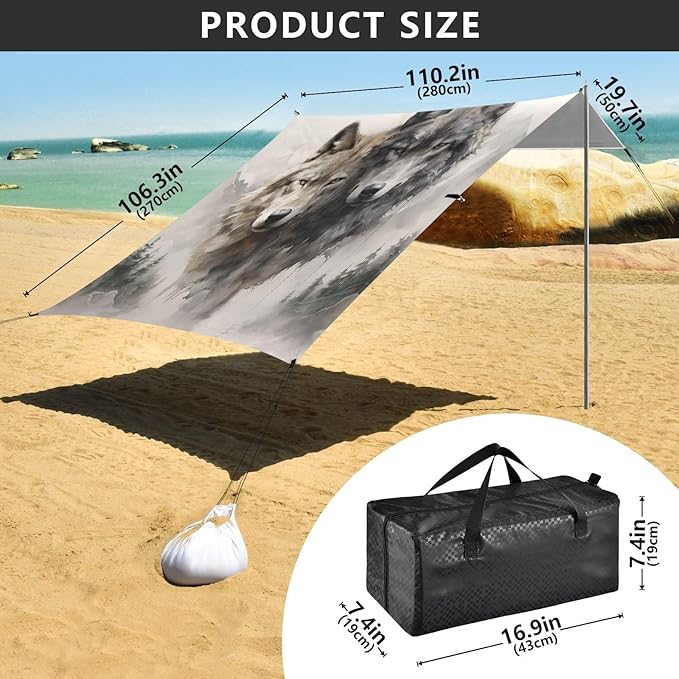 ALAZA Wolves Mountain Beach Tent Sun Shelter UPF50+ Protection Beach Shade Canopy w/ 4 Sandbags for Outdoor Camping Fishing Backyard Fun Picnic 10x9 ft