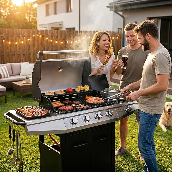 MASTER COOK 4+1 Burners Gas Grill 518 Sqin Cooking Area 52000 BTU Propane Grill with Side Burner Stainless Steel Cabinet Grill Black