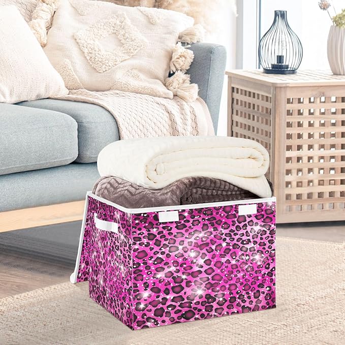 Leopard Gradient Glitter Decoration Sequins Peach Purple Storage Box with Lid Stackable Fabric Storage Large Storage Bins