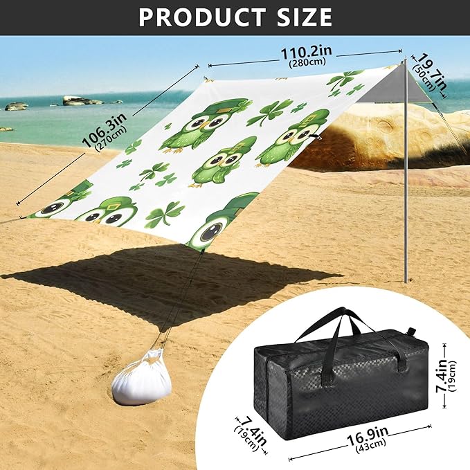 St. Patrick's Day Beach Canopy Sun Shelter with Sandbags &amp Sand Shovel &amp Windproof Ropes - Portable 110x126 Beach Shade Beach Tent for Camping Picnics