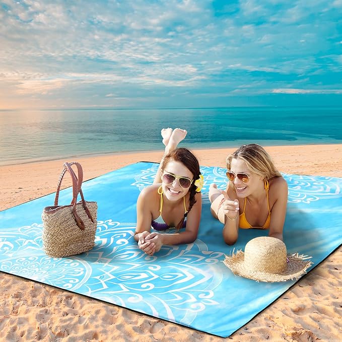 Beach Blanket Waterproof Sandproof Beach Mat 79 X 83/10'x9'for 2-8 Adults Quick Drying Outdoor Picnic Mat Beach Accessories for Travel Camping Hiking