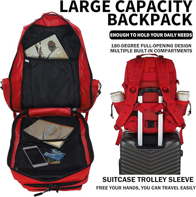 Sparklekle Military Tactical Backpack 45L 3 Day Assault Pack Waterproof Molle Hiking Rucksack for Men&ampWomen (Red)