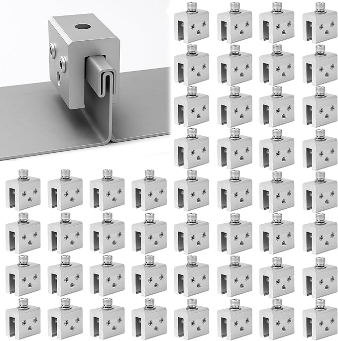 48 PCS Metal Roof Panel Clamps for Standing Seam Roofs Non-Penetrating Aluminum Brackets with Stainless Steel Screws for Solar Racking Systems Snow Guards and Heat Cables U-Shaped Base