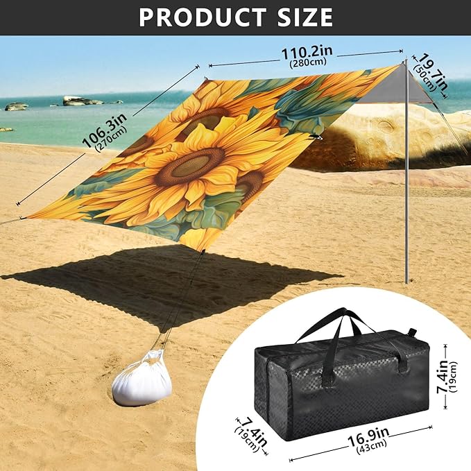 ALAZA Watercolor Sunflower Floral Beach Tent Sun Shelter Portable Canopy Sunshade for Outdoor Camping Picnics Backyard Fun 10x9 ft