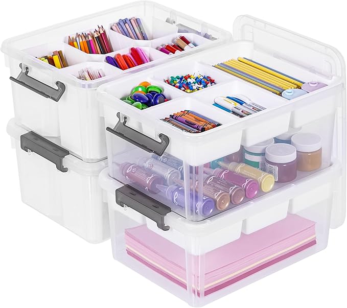 Citylife 17 QT Plastic Storage Box with Removable Tray and 6 Detachable Tall Inserts Craft Organizers and Storage Clear Storage Container for Organizing Crayon Craft Sewing Playdoh 4 Packs