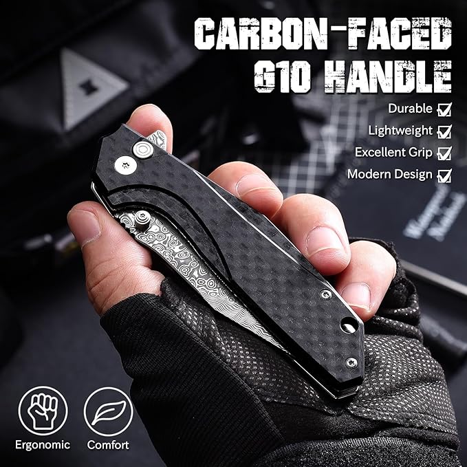 Damascus Pocket Knife with Button Lock G10 Handle 3.35 Sharp Damascus Steel Blade Folding Knives EDC Knifes for Men Camping Hiking Collection