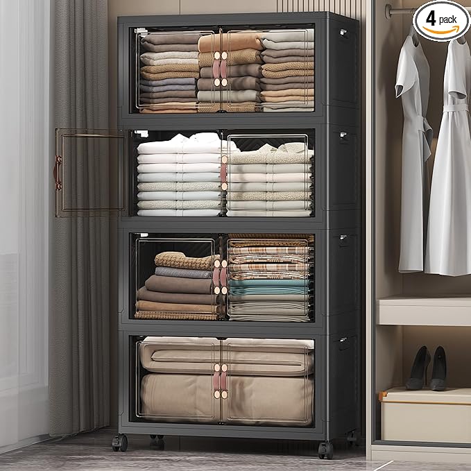 UAMFURI Stackable Storage Bins with Lids &amp Wheels &amp Door Foldable Collapsible Closet Organizers Extra Large Plastic Storage Drawers for Bedroom Dorm Office Garage (Dark-120qt 4Pack with 1 t