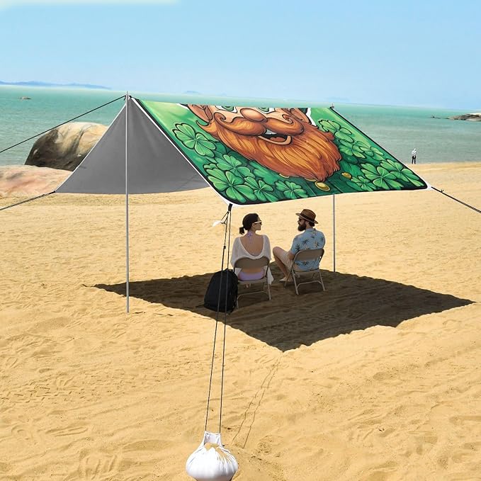 St Patrick's Day Cartoon Leprechaun Beach Tent Sun Shelter Set UPF50+ UV Protection 10.5 x 9.19 FT Camping Shade Canopy with Sandbags Sand Anchors Carrying Bag and Others