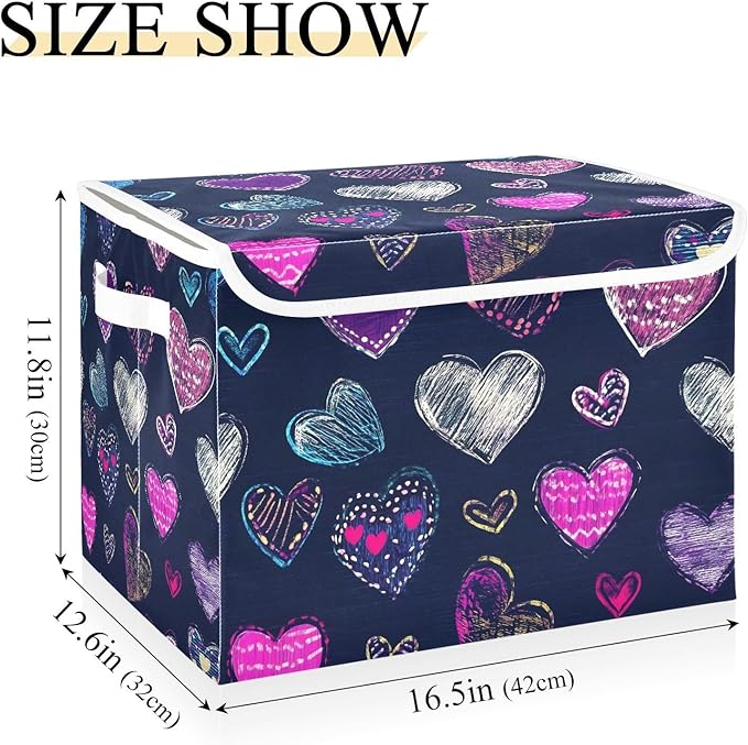 Cartoon Heart Storage Cube Bins Basket with Lid Collapsible Flip-top Fabric with Handle for Home Bedroom Closet Office 16.5×12.6×11.8 in