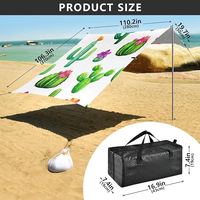 Beach Canopy with Windproof Ropes &amp Sandbags Beach Tent Sun Shade Sun Shelter for Camping Trips Fishing Backyard Fun or Picnics Cactus