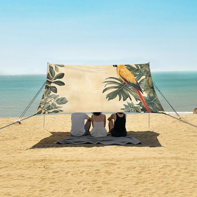 Vintage Parrot Pattern Beach Tent Sun Shelter Set UPF50+ UV Protection 10.5 x 9.19 FT Camping Shade Canopy with Sandbags Sand Anchors Carrying Bag and Others