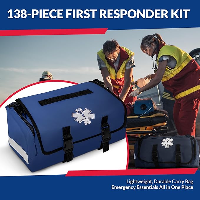 First Responder Trauma First Aid Kit Bag – Fully Stocked Emergency Medical Kit for Workplace Vehicle &amp Home – OSHA &amp ANSI Compliant – Portable – Blue