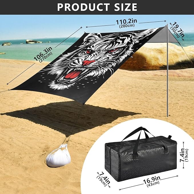 Roaring Tigers Black Beach Cabana UPF50+ Waterproof Portable Sun Shelter with Sandbags and Shovel for Backyard and Camping