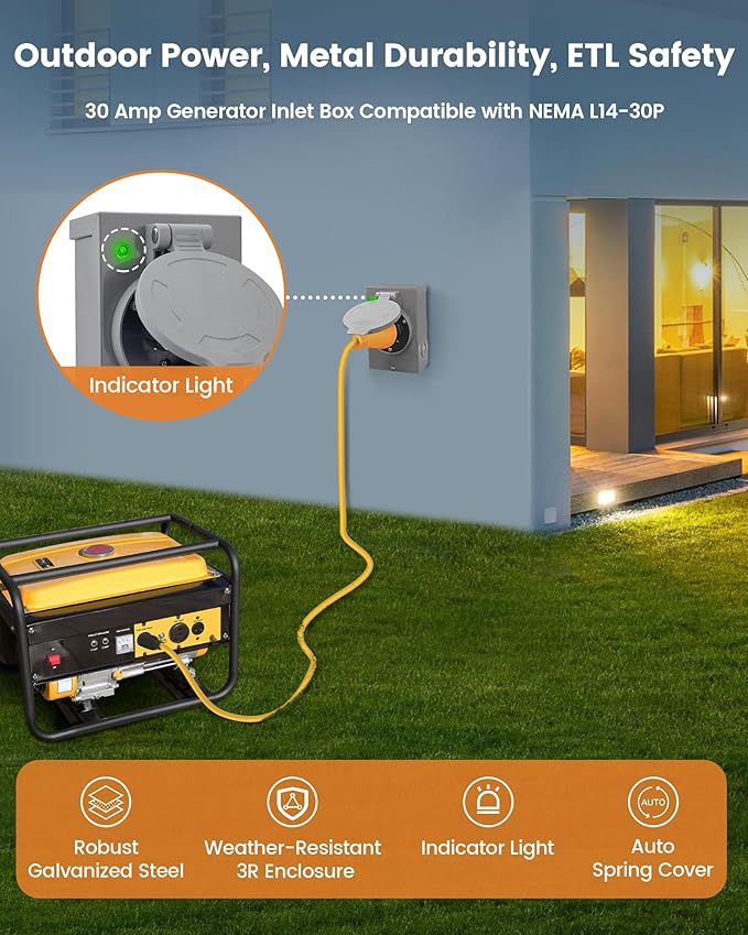 SURAIELEC 30 Amp Generator Power Inlet Box NEMA L14-30P Generator Box for 4-Prong Cord 125/250V 7500W Weatherproof Outdoor Power Inlet Box ETL Listed Ready for Emergency Use