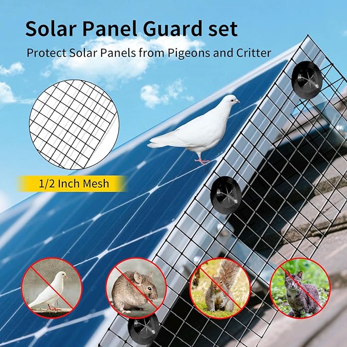 Solar Panel Bird Guard6in X 100ft Critter Guard for Solar Panels1/2inch mesh Black Coated Galvanized Rust-Resistant Netroof Protection net Kitwith 80 Fastener Clips and Cutting Scissor