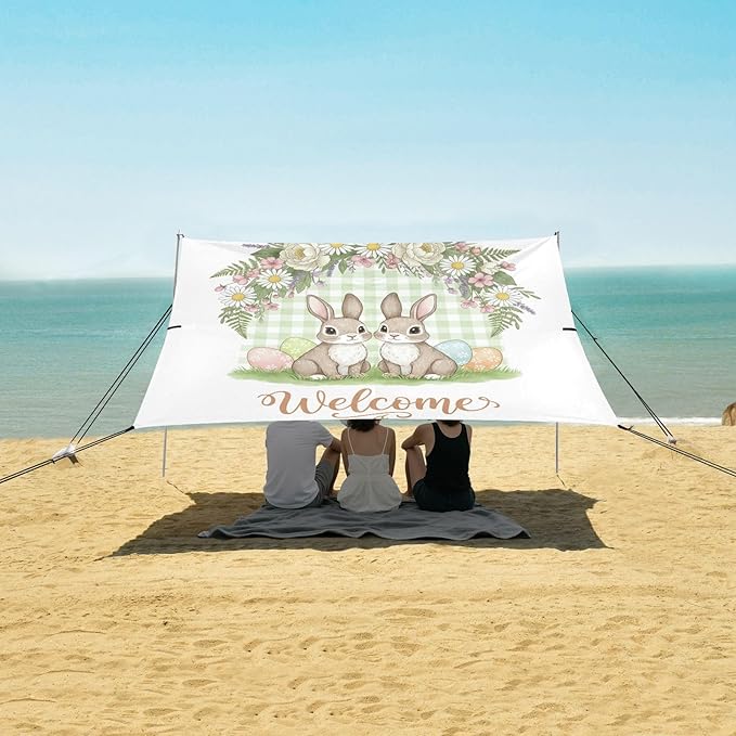 xigua Easter Bunny Beach Tent Sun Shelter with Carrying Bag - Silver Coated Oxford Fabric Beach Canopy for Beach Camping Fishing - Includes Windproof Ropes Sandbags &amp Stakes