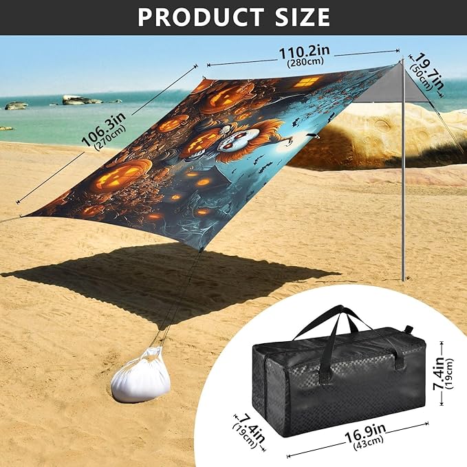 ALAZA Halloween Clown Pumpkin Beach Tent Sun Shelter UPF50+ Protection Beach Shade Canopy w/ 4 Sandbags for Outdoor Camping Fishing Backyard Fun Picnic 10x9 ft