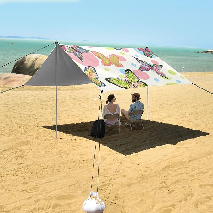 Beach Canopy with Windproof Ropes &amp Sandbags Beach Tent Sun Shade Sun Shelter for Camping Trips Fishing Backyard Fun or Picnics Butterfly
