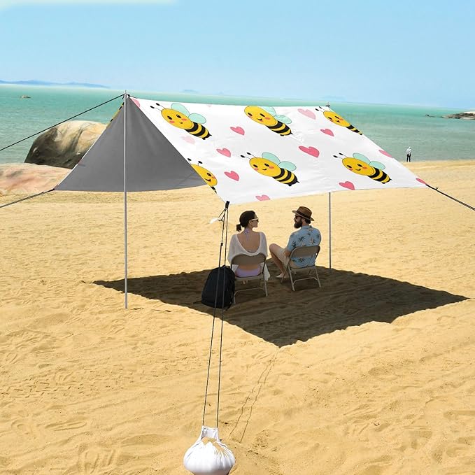 Beach Canopy with Windproof Ropes &amp Sandbags Beach Tent Sun Shade Sun Shelter for Camping Trips Fishing Backyard Fun or Picnics Bees