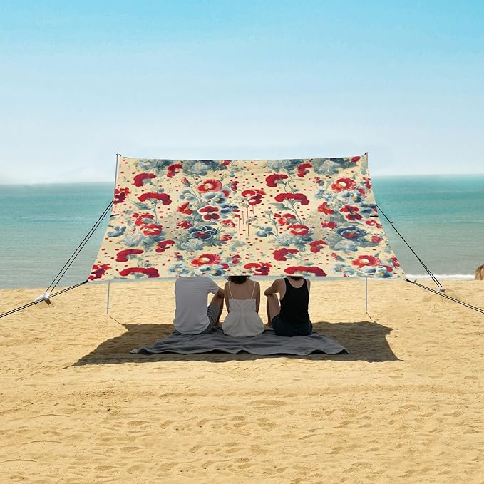 Cute Red Flower Beach Tent Sun Shelter Set UPF50+ UV Protection 10.5 x 9.19 FT Camping Shade Canopy with Sandbags Sand Anchors Carrying Bag and Others